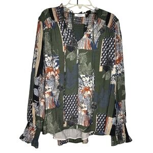 Avara Geometric Floral Pattern Long Sleeve‎ Women's Top Green Blue Blouse Medium
